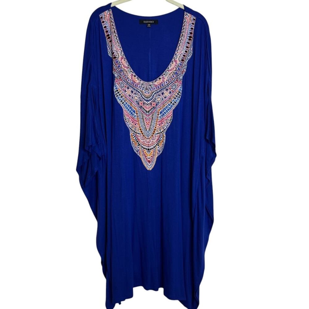 Ellen Tracy Womens Kimono Shift Dress Size 2X Blue Knit Embroidered-Look Graphic